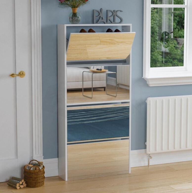 Welham Mirrored Shoe Cabinet Drawer Storage Footwear Cupboard Rack Stand White