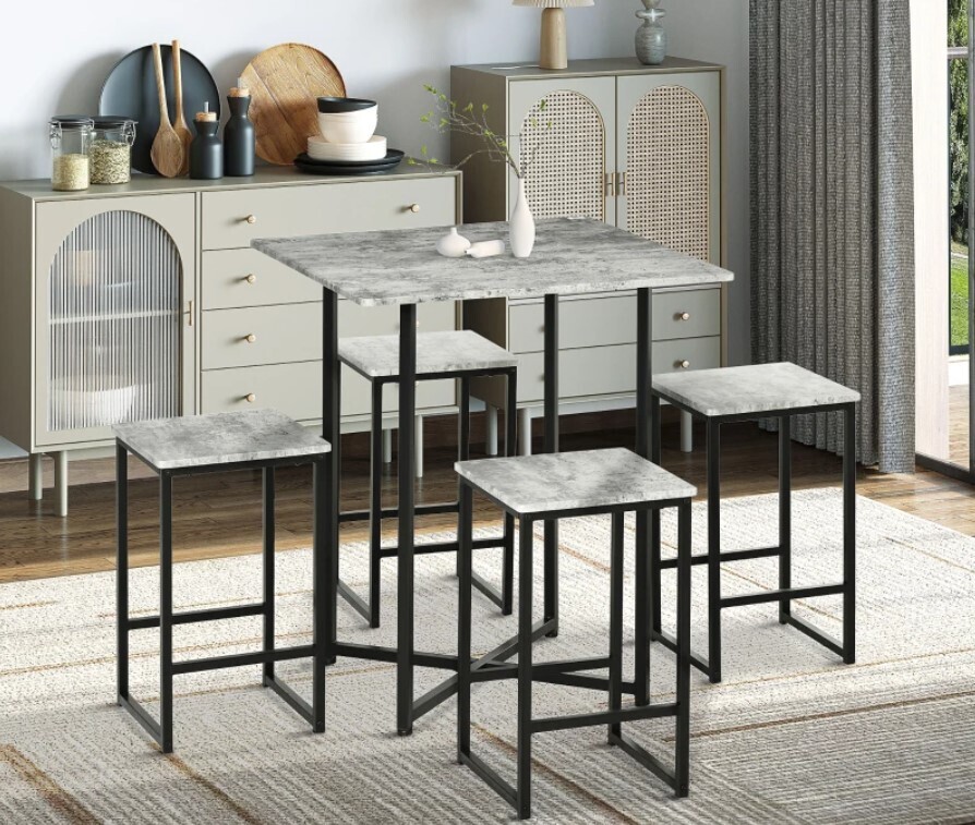Square Bar Table with Stools Concrete Effect 5 Pieces Small Kitchen Table and Chairs Set