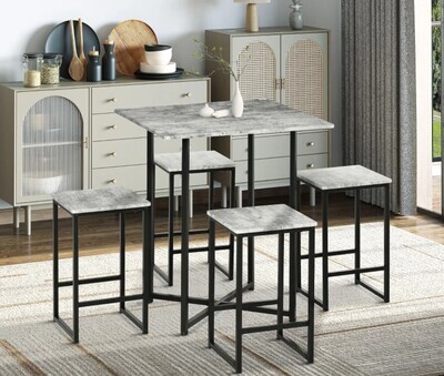 Square Bar Table with Stools Concrete Effect 5 Pieces Small Kitchen Table and Chairs Set