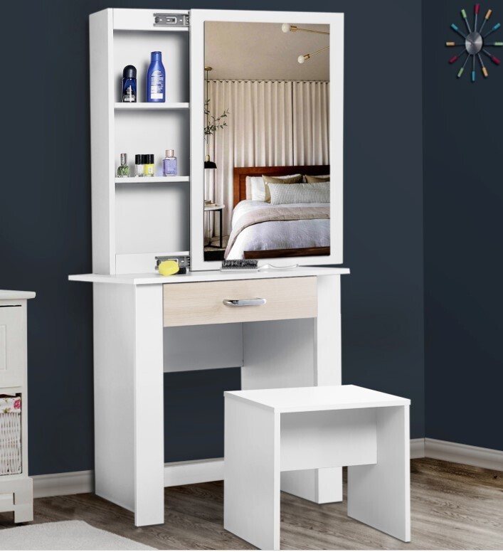 Dressing Table With Sliding Mirror Drawer &amp; Stool Set Bedroom Vanity Makeup Desk