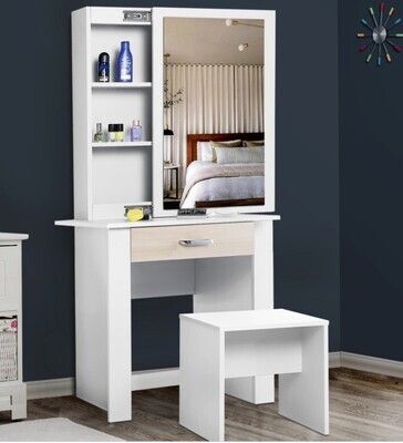 Dressing Table With Sliding Mirror Drawer &amp; Stool Set Bedroom Vanity Makeup Desk