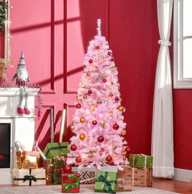 ​4ft 5ft 6ft 7FT Tall Prelit Pencil Slim Artificial Pink Christmas 350 Warm White LED Lights