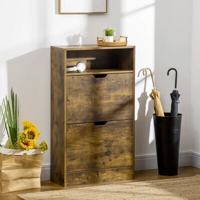 ​Rustic 2 Flip Door Shoe Cabinet with Adjustable Divider and Open Shelf