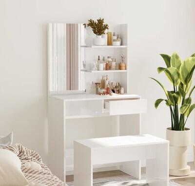 ​Dressing Table with Mirror Makeup Vanity Cosmetic Drawer Table High Gloss White Without Stool