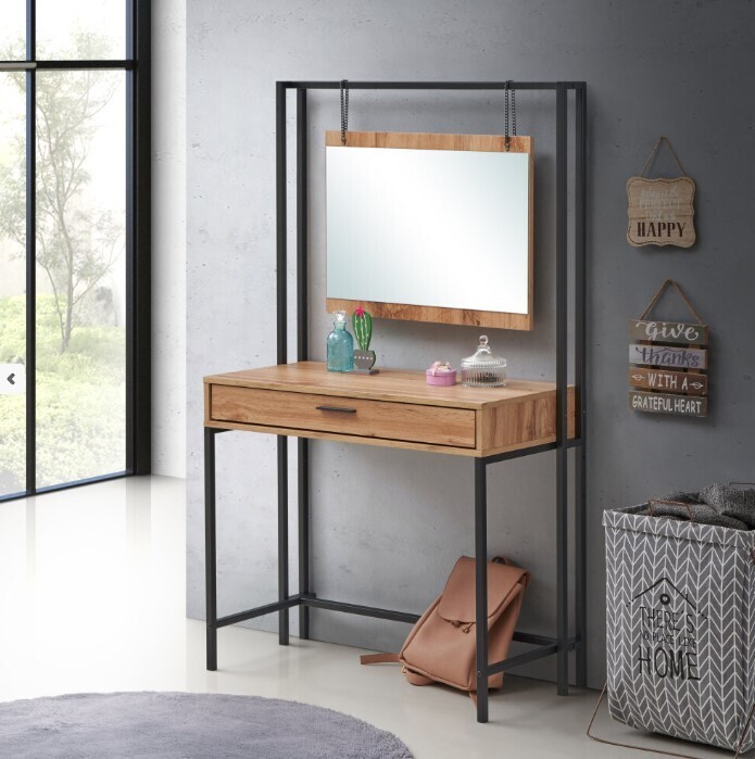Bedroom Dressing Table Vanity Makeup Mirror &amp; Drawer Wotan Oak / Black, Colour: Oak