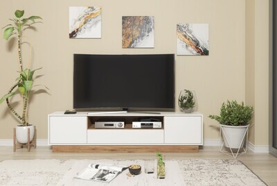 ​Living Room Set White &amp; Oak TV Stand 120cm / 200cm + Sideboard + Display Cabinet Modern Furniture