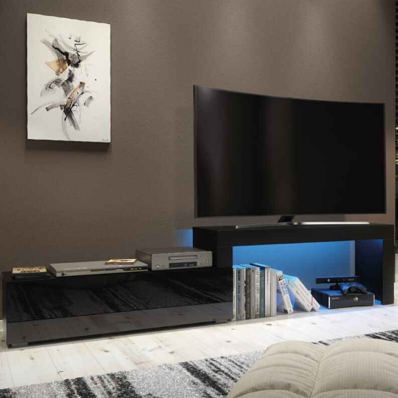 ​Tv Stand 108 - 200cm + LED Lights White / Black Living Room Furniture Door Drawer, Colour: Black