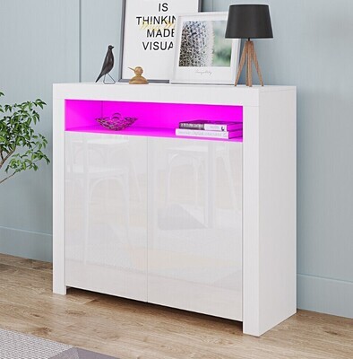 ​White/Black Sideboard Storage Matt Body&amp;High Gloss Doors Cupboard Cabinet w/ LED Lights