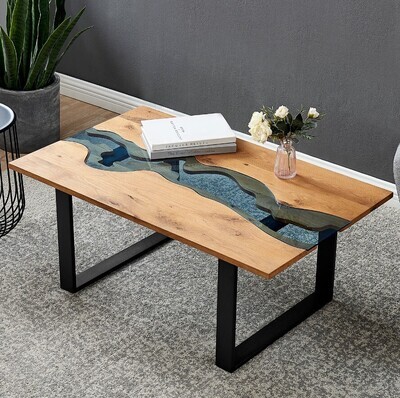 ​Kelonwa River Effect solid Oak and inset Glass Coffee Table