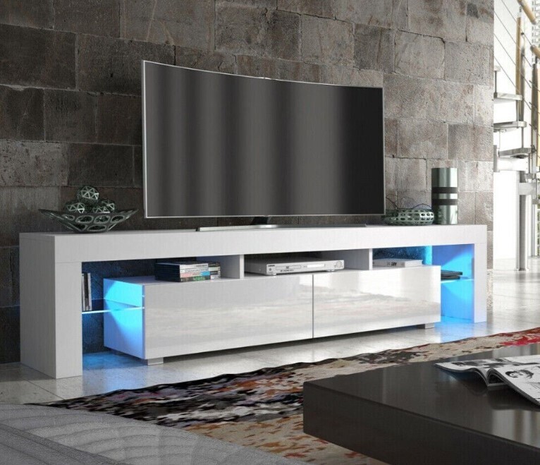 Large 180cm TV Unit Cabinet Stand High Gloss Doors With 16 Colours LED Light, Colour: White