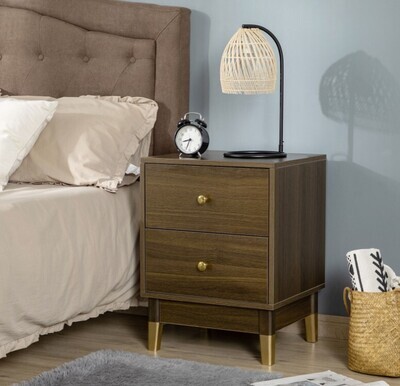 Modern Bedside Table Storage End Table 2 Drawers Living Room Bedroom Brown Gold