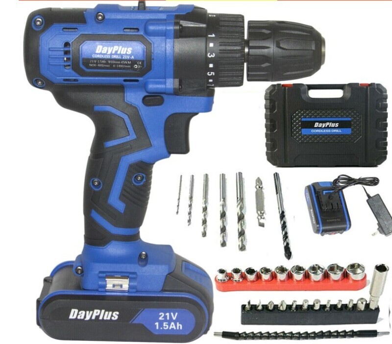 Cordless Combi Drill Driver 3/8&quot; Chuck 45Nm Worklight for DIY Concrete Wood Wall