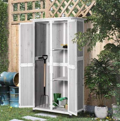 ​Wooden Garden Cabinet 3-Tier Storage Shed Double-door Organizer w/ Hook Foot Pad