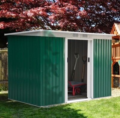 Corrugated Steel Garden Shed Storage Cabinet Large &amp; Foundation – Green / Dark Grey
