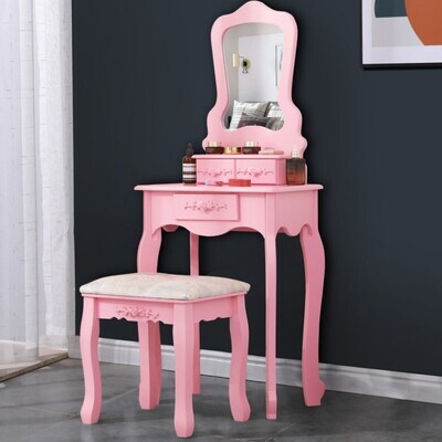Modern Dressing Table With Mirror Makeup Desk 3 Drawer Bedroom Vanity Set White/Pink