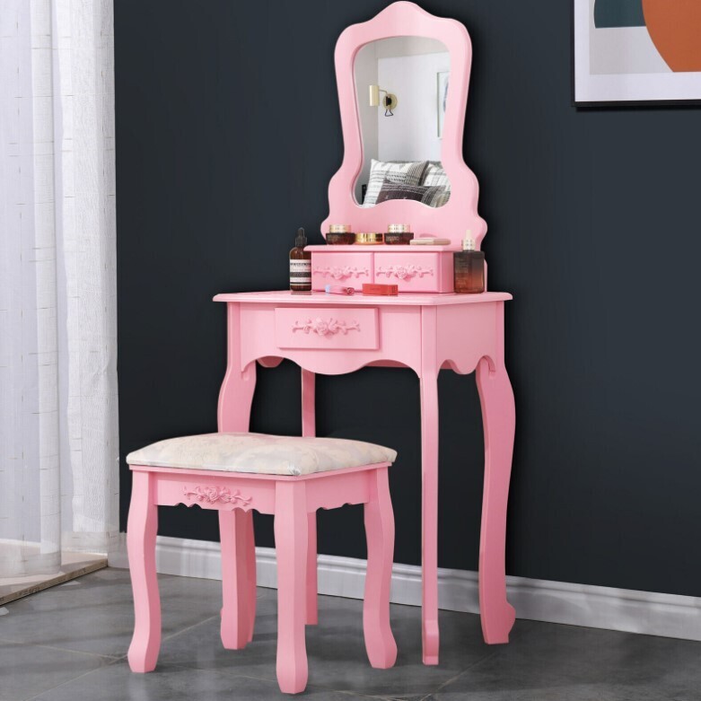 Modern Dressing Table With Mirror Makeup Desk 3 Drawer Bedroom Vanity Set White/Pink, Colour: Pink
