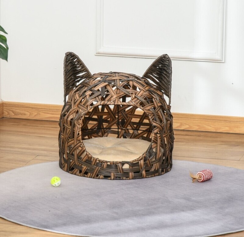 ​Wicker Cat Bed Rattan Kitten Basket Pet Den. House with Soft Cushion Brown