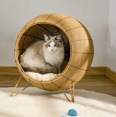 ​Wicker Cat Bed Elevated Rattan Kitten Basket with Soft Cushion Light Brown