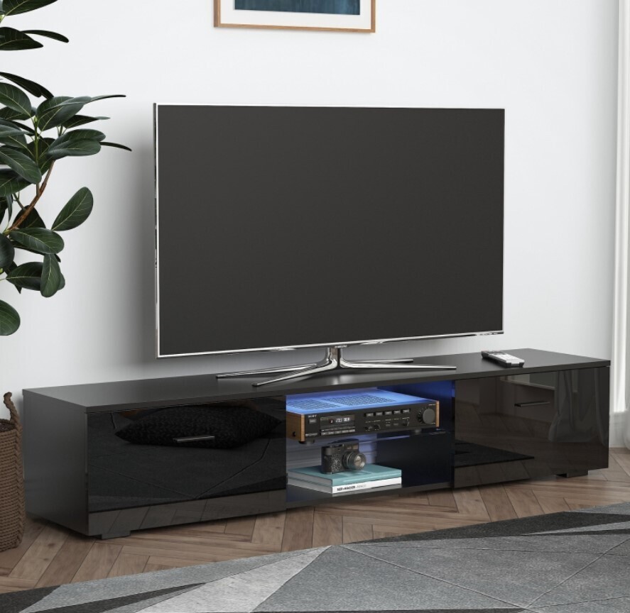 ​160cm High Gloss LED Light TV Stand with Side Cabinets – White / Black