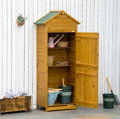 ​Wooden Garden Storage Shed Utility Gardener Cabinet w/ 3 Shelves and 2 Door Natural Wood Effect