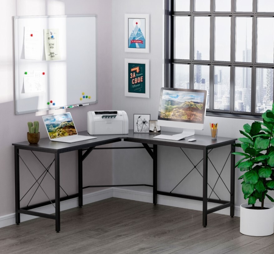 ​L-Shaped Corner Desk Computer Desk Table For Home Office Workstation w/Steel Frame Black