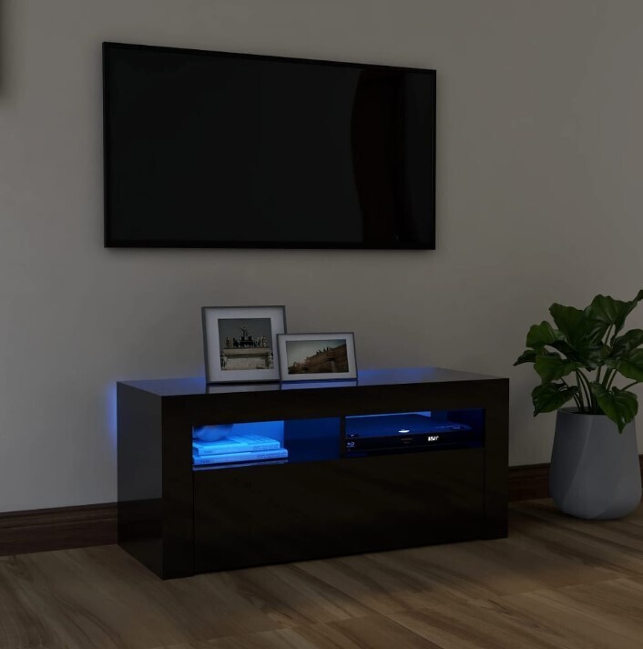 ​High Gloss Black / White TV Cabinet with LED Lights High Gloss Black 90x35x40 cm, Colour: Black