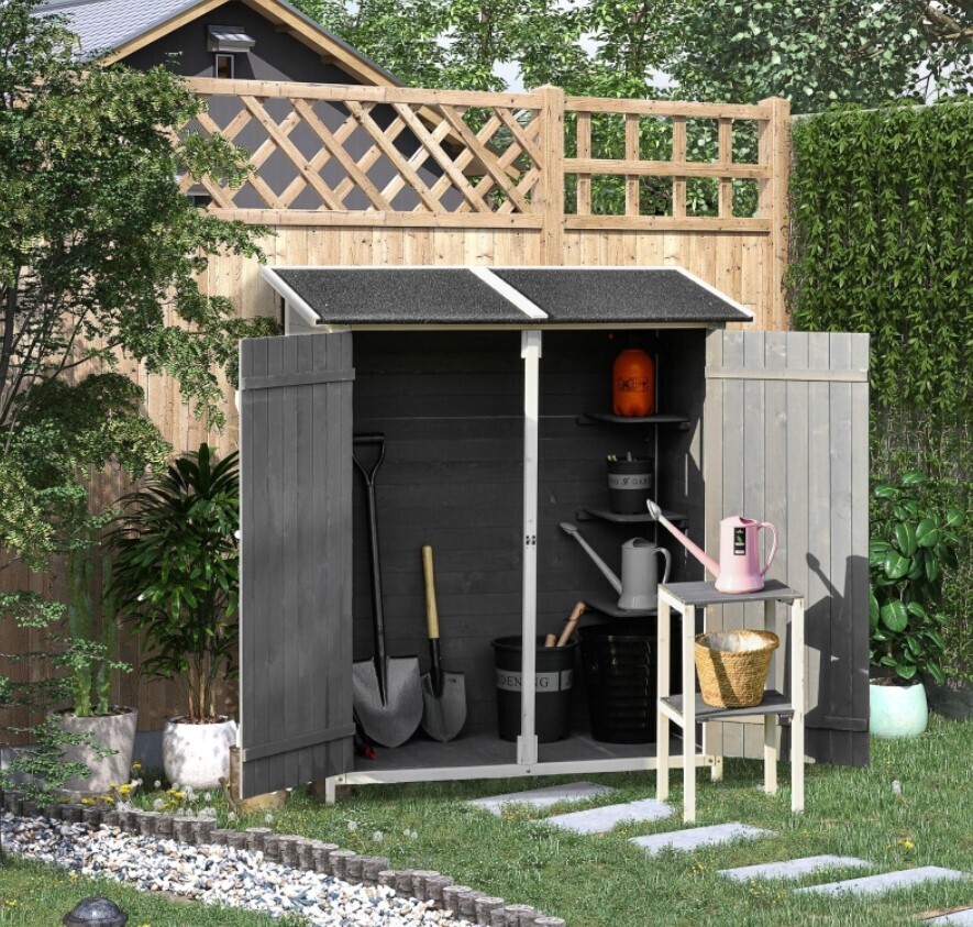 ​Garden Storage Shed Tool Organizer w/ Storage Table Hooks and Ground Nails Outdoor Wooden Heavy