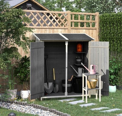 ​Garden Storage Shed Tool Organizer w/ Storage Table Hooks and Ground Nails Outdoor Wooden Heavy