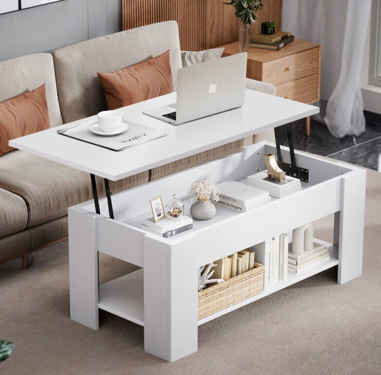 ​Wooden Coffee Table With Storage Lift Top Up Drawer Shelf Living Room Furniture, Colour: White