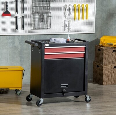 ​2 Drawers Machinist Tool Chest on Wheels, Lockable Workshop Tool Trolley Roll Cabinet
