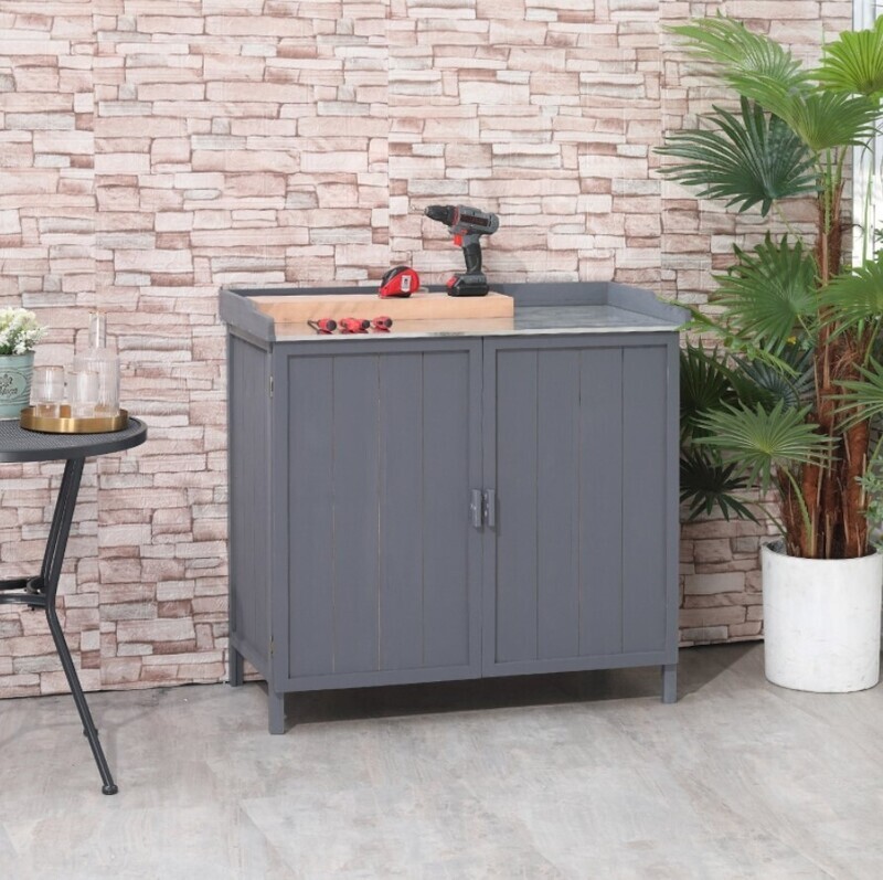 ​Garden Storage Cabinet Outdoor Tool Shed Potting Bench Table with Galvanized Top and Two Shelves
