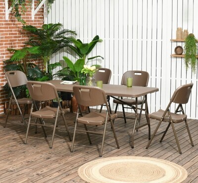 ​7 PCs Dining Set Resin Rattan Patio Foldable Chairs and Table Portable Space-saving Indoor &amp; Outdoor Dark Brown