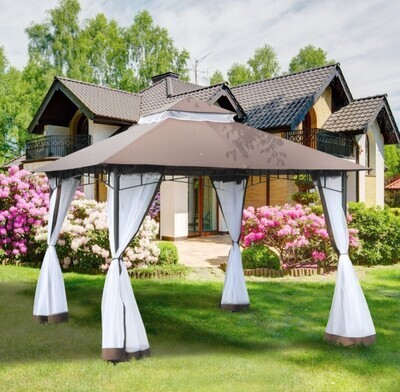 ​3 x 3 meter Patio Metal Gazebo Square Outdoor Party Wedding Canopy Shelter w/Mesh - Brown