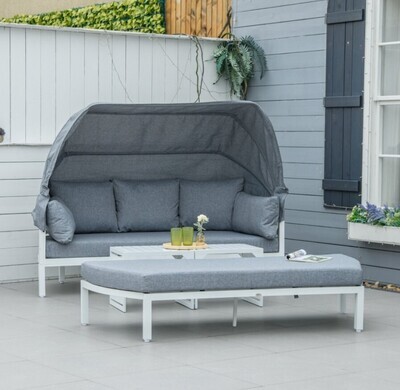 4 Pieces Outdoor Garden Sofa Set Aluminum Patio Lounge Bed Furniture Set with Canopy Padded Cushions &amp; Side Tables White
