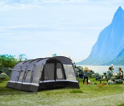 8-Person Camping Tent Waterproof Family Tent, Tunnel Design 4 Large Windows Sleeping Cabins Grey