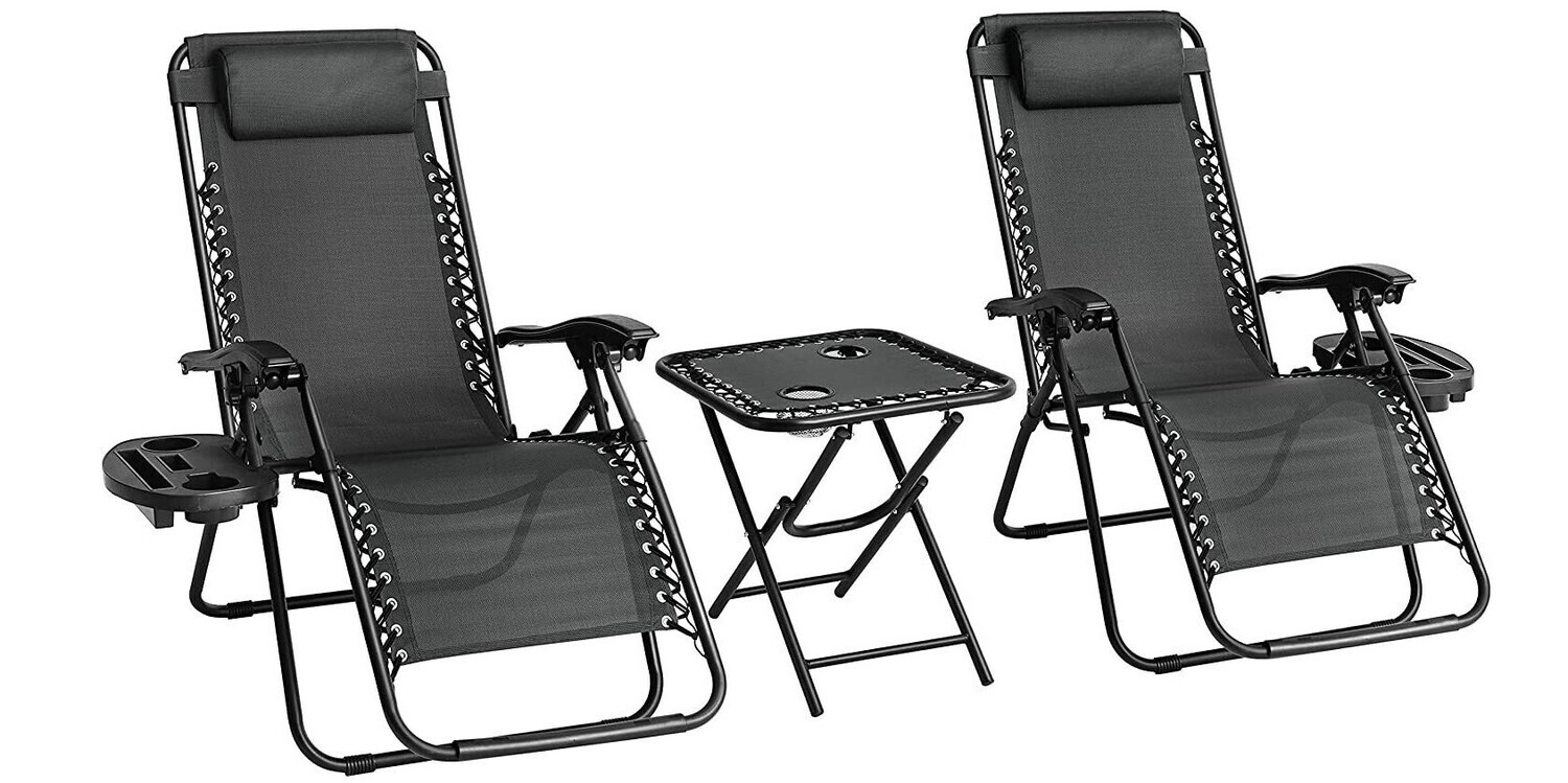 3PC Zero Gravity Chairs Sun Lounger Table Set W/ Cup Holders GARDEN CHAIR BLACK
