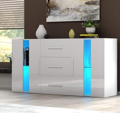 High Gloss 2 Door Sideboard Cupboard with LED Lights and 3 Drawers Display Cabinet Storage Unit for Living Room Bedroom