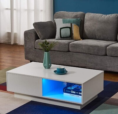 Wooden Coffee Table with Storage Drawer and Shelf /w LED Lighting Home Living Room Furniture White