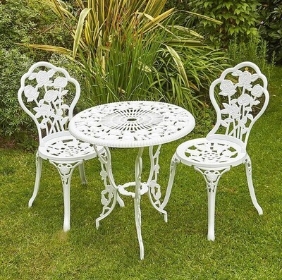White Bistro Set Outdoor Patio Garden Furniture Table and 2 Chairs Metal