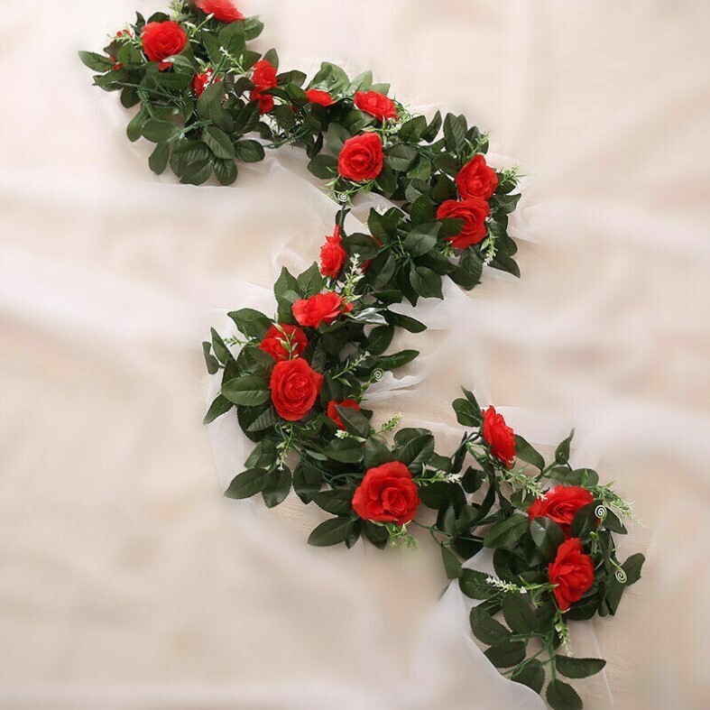 2 x 8ft Artificial Flower Silk Rose Leaf Garland Vine Ivy Home Wedding Garden Decor, Colour: Red