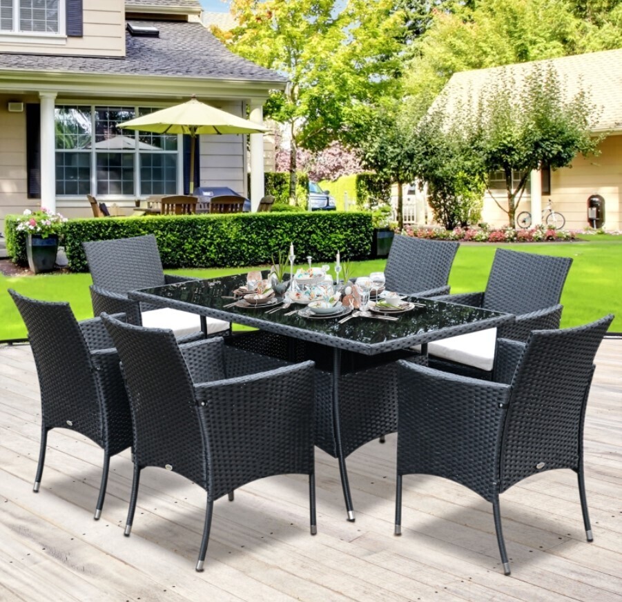 ​7 Pieces PE Rattan Dining Sets Garden Conversation Furniture Set Black