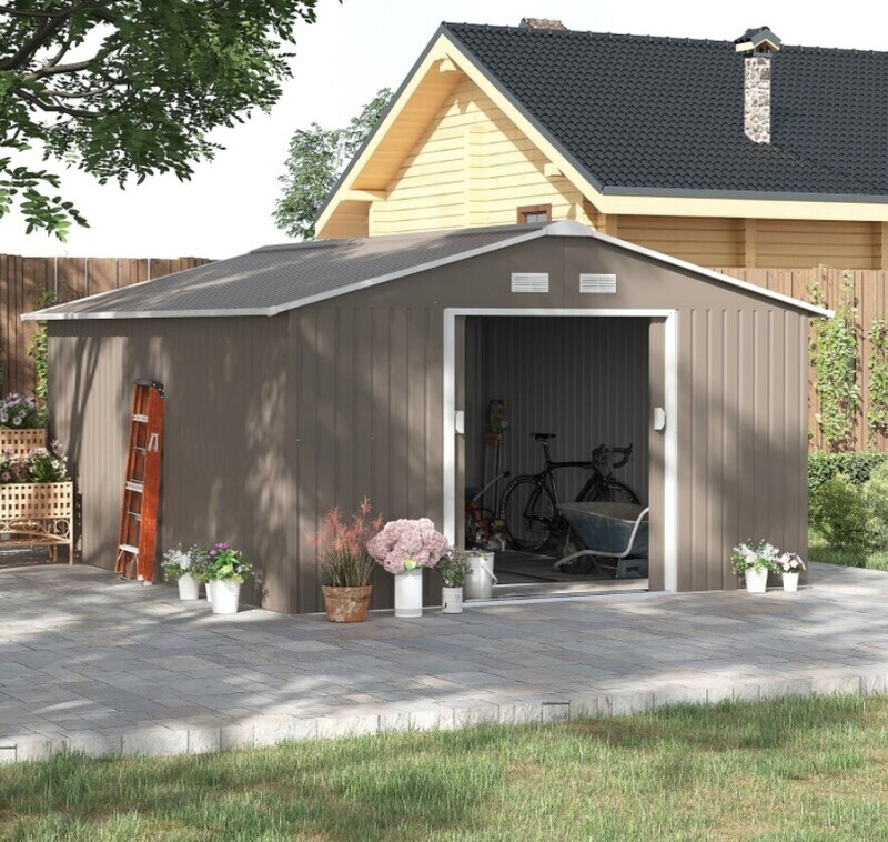 13 x 11ft Garden Metal Storage Shed Light Grey