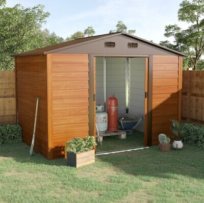 ​9x6ft Garden Metal Storage Brown Wood Grain