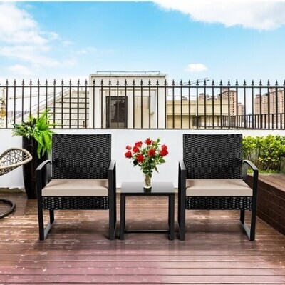 Black/Beige 3 Piece Patio Set Rattan Chairs &amp; Table