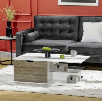 Modern Coffee Table with Tempered Glass Shelf and Two Drawers