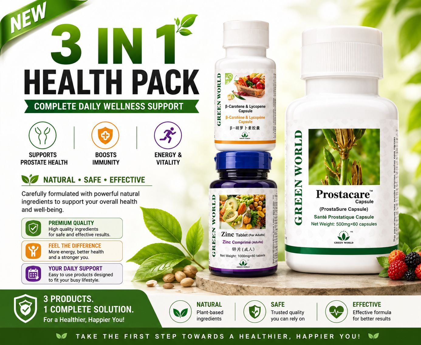 Green World 3 In I Combo For Prostrate Enlargement BPH - Prostatitis And Prostate Cancer