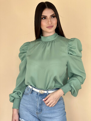 Sage Green Puffy Sleeves Blouse