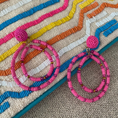 Fuchsia Beads Round Earrings
