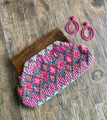 Pink Blue Embroidery Clutch
