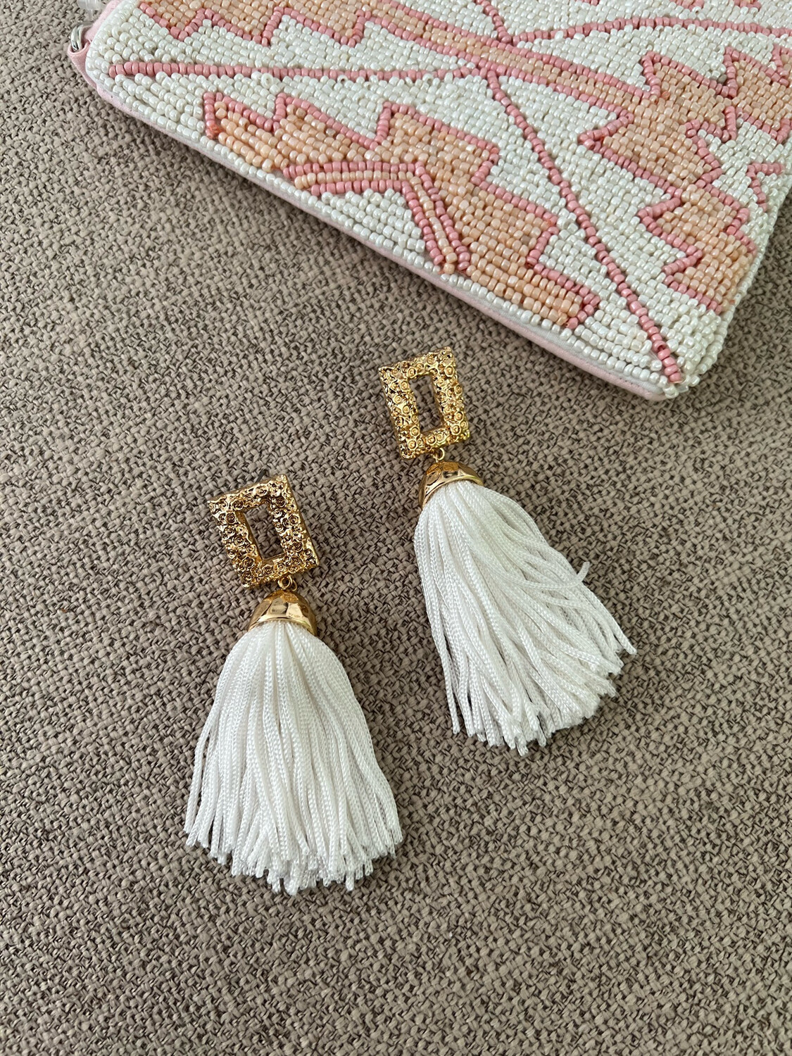 Gold White Tassel Earrings